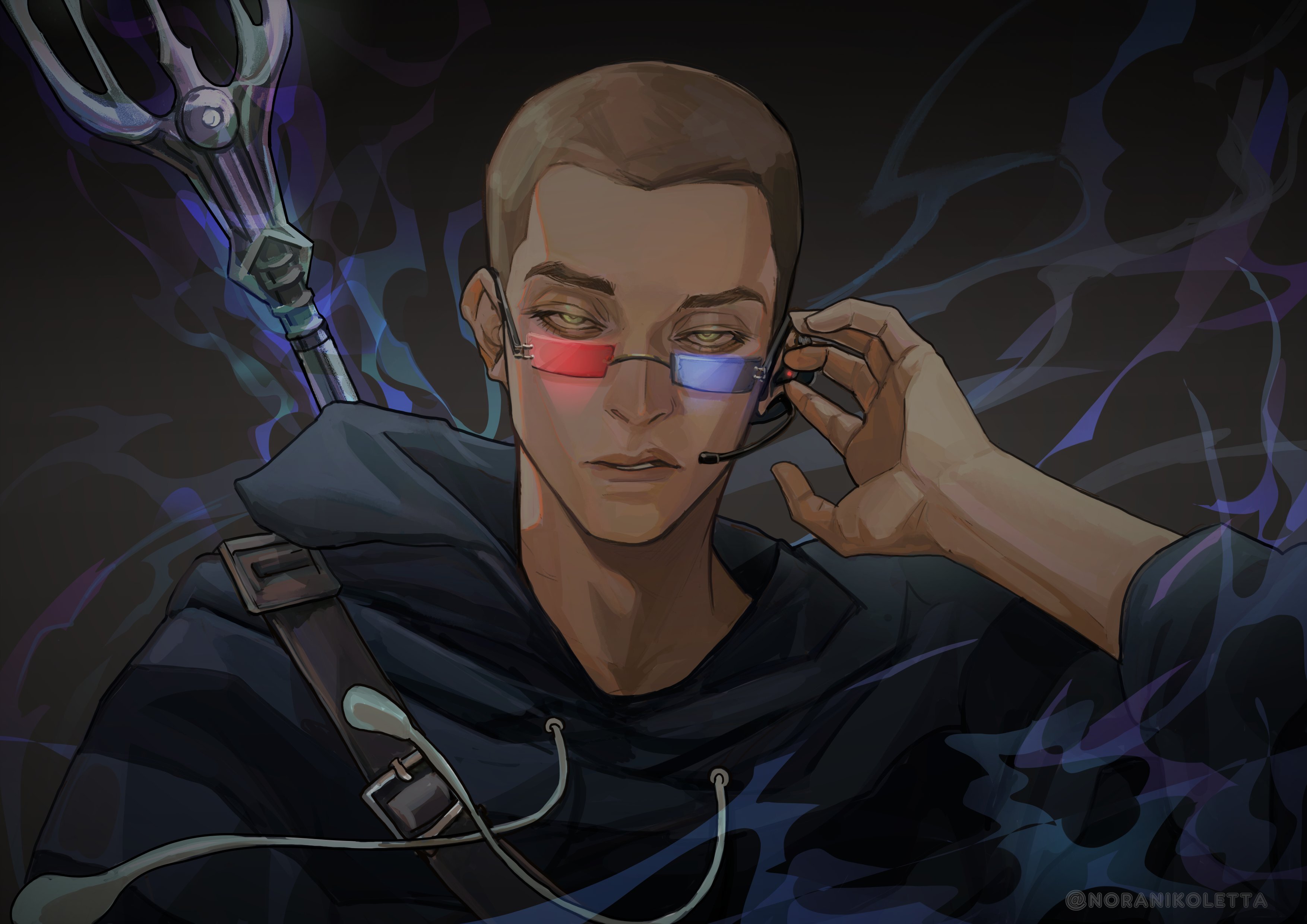 This is a drawing of Jack from the shoulders up. He is posed facing the camera with a focused look to his face. He's wearing an earpiece instead of his headset, making him look like a spy from an early 2000s film. The 3D glasses have been transformed into bifocals with red and blue lenses. He also wears a trident strapped to his back. The background is a simple grey with blue smoky accents.
